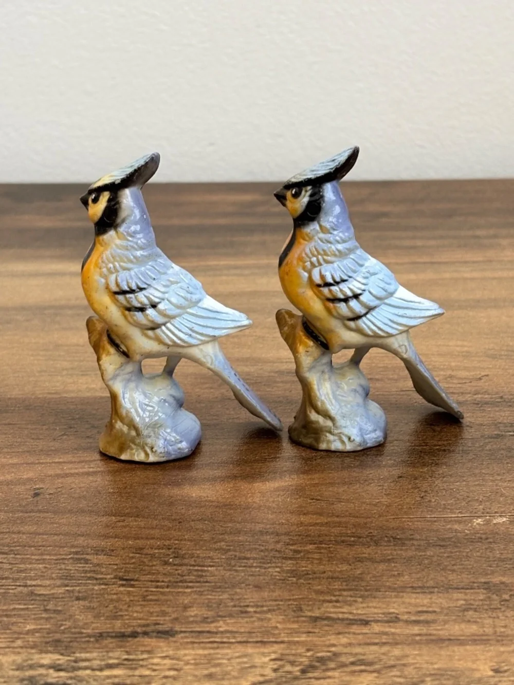 VINTAGE Mid century Blue Jay Perched on Branch Figurine Collectible Pair SET 2